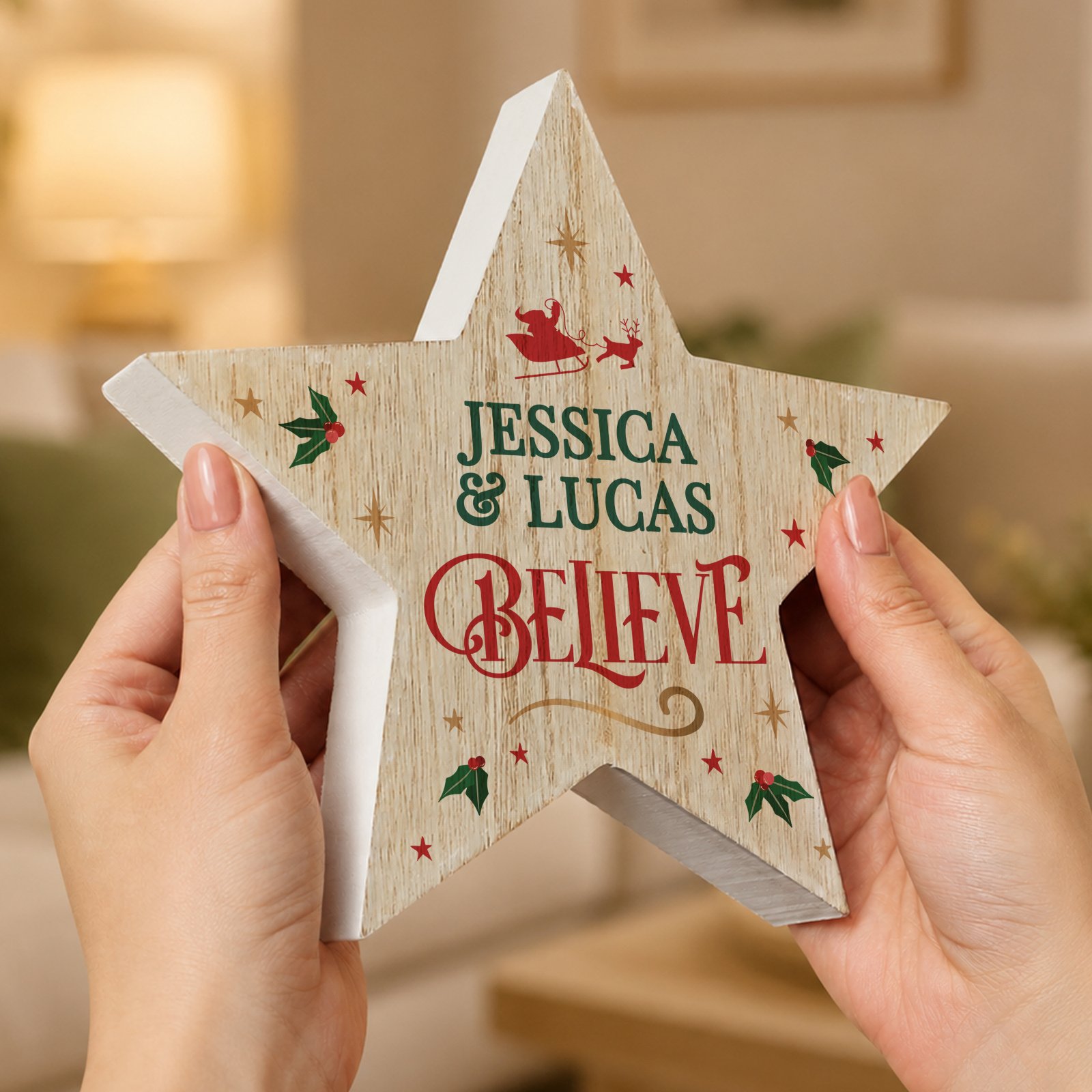 Personalised 'Believe' Christmas Rustic Wooden Star Decoration - Image 2