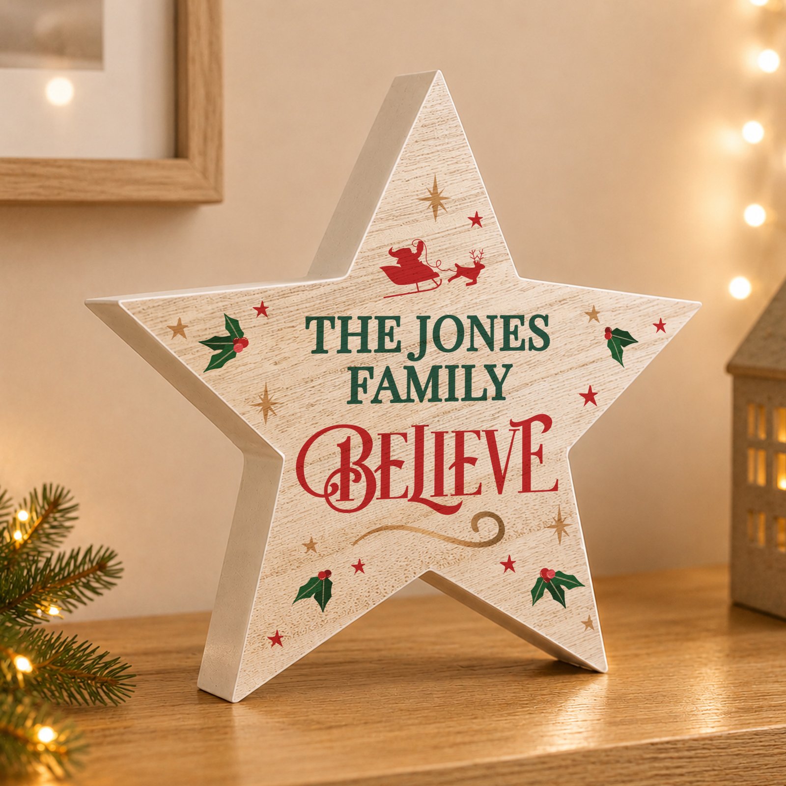 Personalised 'Believe' Christmas Rustic Wooden Star Decoration - Image 3