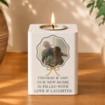 Personalised Scallop Bow Design Photo Upload White Wooden Tea Light Candle Holder