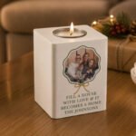 Personalised Scallop Bow Design Photo Upload White Wooden Tea Light Candle Holder - Image 2