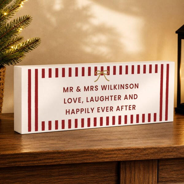 Personalised Candy Cane Stripes Design Christmas Wooden Mantel Block