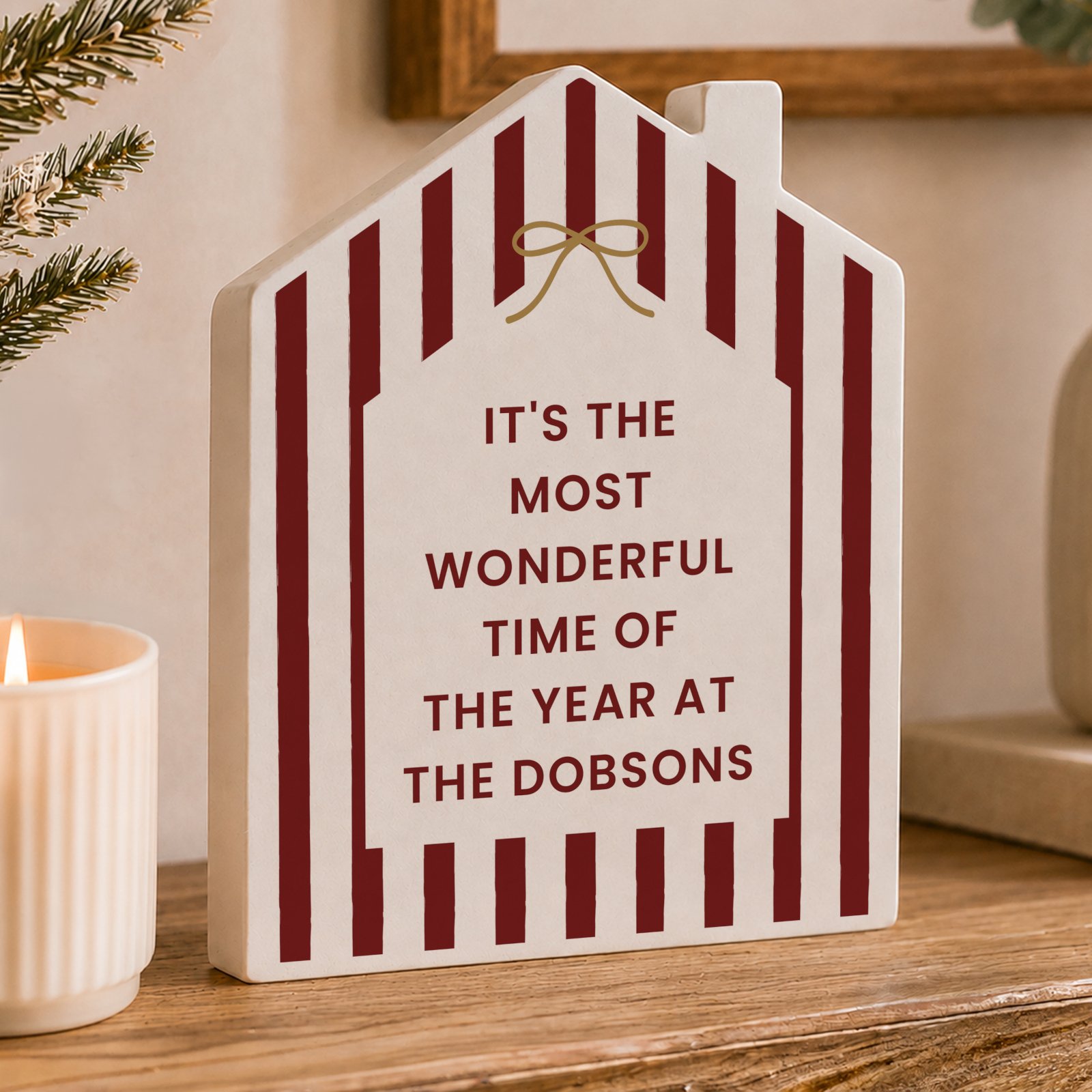 P1011J40 Personalised Candy Cane Stripes Design Christmas Wooden House Ornament Personalised Candy Cane Stripes Design Christmas Wooden House Ornament - Image 1