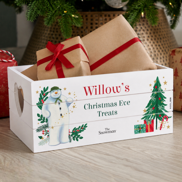 Personalised The Snowman Christmas Wishes Small White Wooden Storage Crate