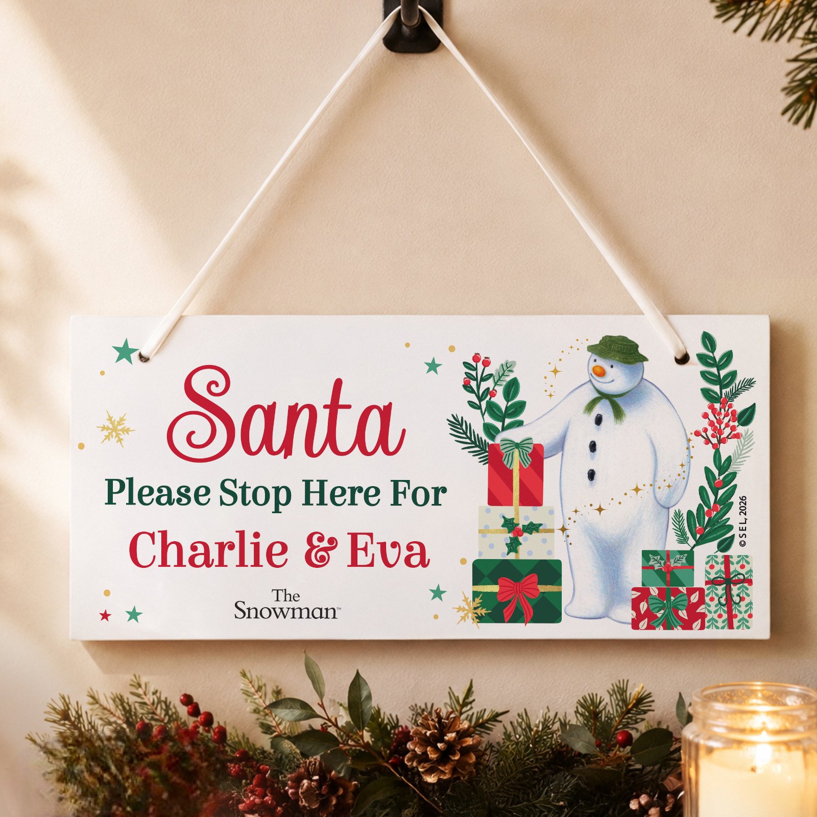 Personalised The Snowman Christmas Wishes 'Santa Please Stop Here' Hanging Wooden Sign - Image 1