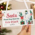 Personalised The Snowman Christmas Wishes 'Santa Please Stop Here' Hanging Wooden Sign - Image 2