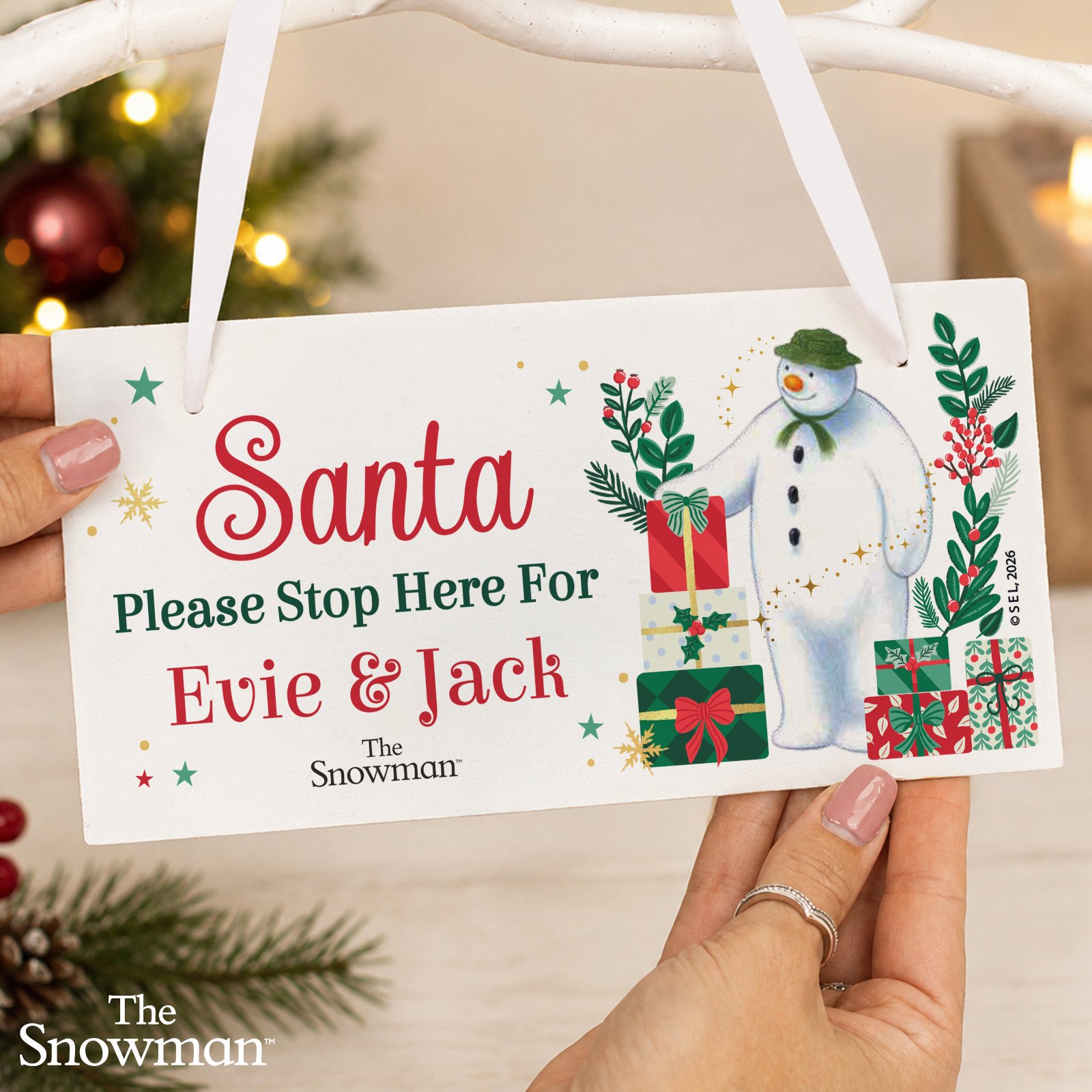 Personalised The Snowman Christmas Wishes 'Santa Please Stop Here' Hanging Wooden Sign - Image 2