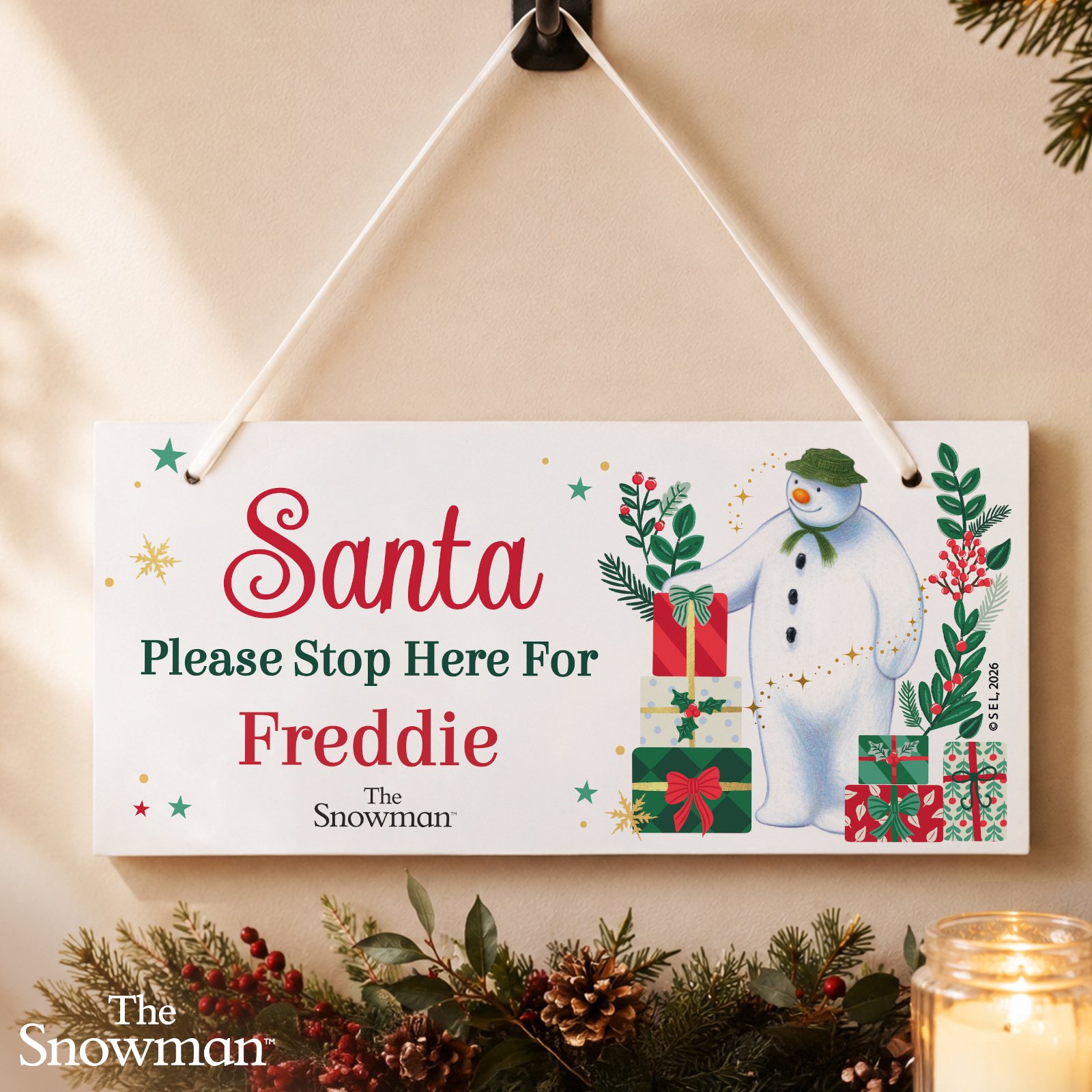 Personalised The Snowman Christmas Wishes 'Santa Please Stop Here' Hanging Wooden Sign - Image 3