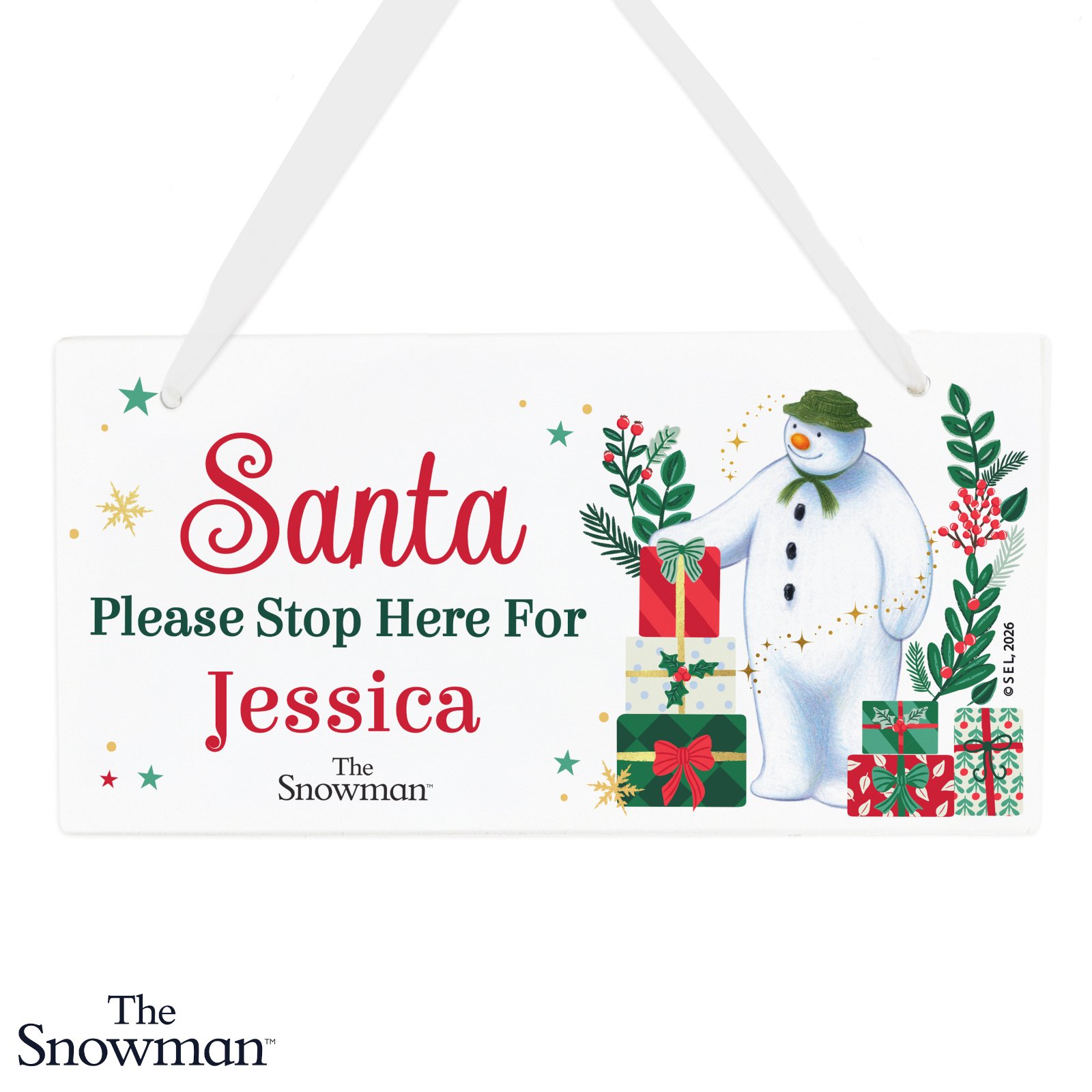 Personalised The Snowman Christmas Wishes 'Santa Please Stop Here' Hanging Wooden Sign - Image 4