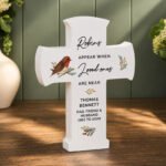 Personalised 'Robins Appear...' Memorial Wooden Cross Ornament
