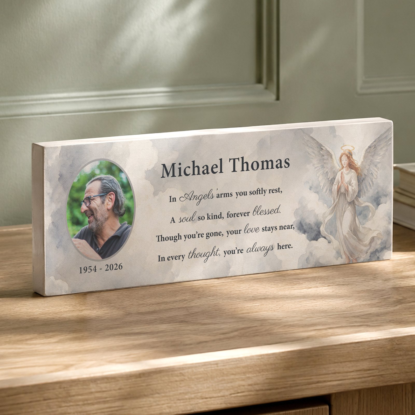 P1011J51 Personalised Memorial Angel Photo Upload Wooden Mantel Block Personalised Memorial Angel Photo Upload Wooden Mantel Block - Image 1