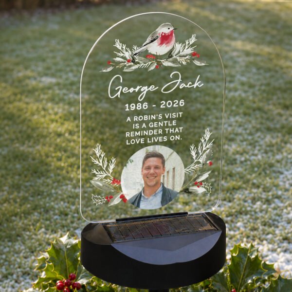 Personalised Photo Upload Christmas / Memorial Robin Design Outdoor LED Colour Changing Solar Light