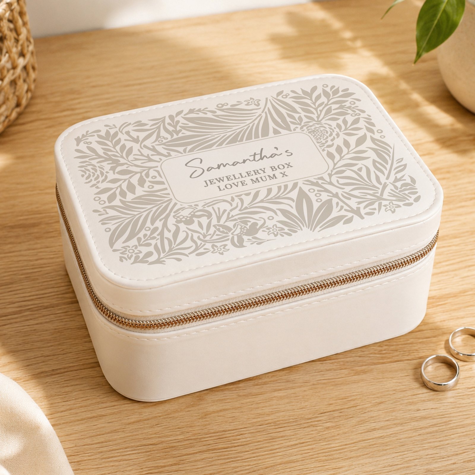P1014C60 Personalised Cream Floral Design Leatherette Jewellery Box Personalised Cream Floral Design Leatherette Jewellery Box - Image 1