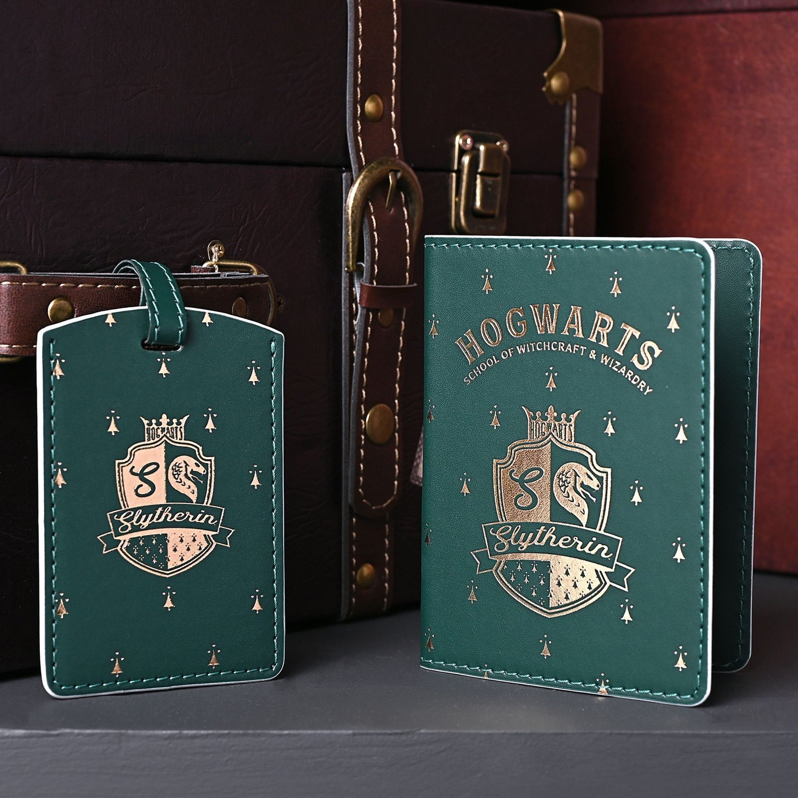 WB277_T01.jpg Harry Potter Alumni Green & Gold PU Leather Passport Holder & Luggage Tag Set - Slytherin - Image 1