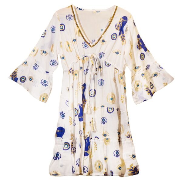Nomad Sari White, Blue & Gold Evil Eye Design Dress (M/L)