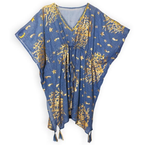Nomad Sari Sea Blue with Gold Coral Print Kaftan