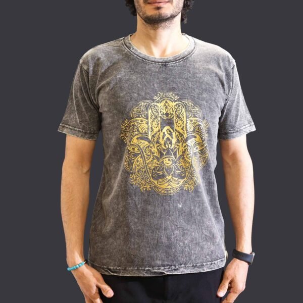 Nomad Sari Unisex Stonewashed Dark Grey Hamsa Cotton T-Shirt (Medium)