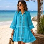 Nomad Sari On The Med Collection Turquoise with Evil Eye Block Print Tunic Dress (L-XL)