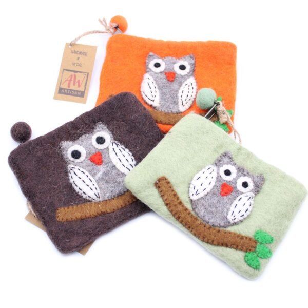 Ancient Wisdom Set of 3 Natural Felt Zipper Pouches – Owl On Branch