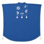 Nomad Sari On The Med Collection Blue with Cream Embroidery & Tassels Kaftan - Image 2