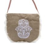 Ancient Wisdom Hamsa Print Soft Jute Fab Fringe Bag