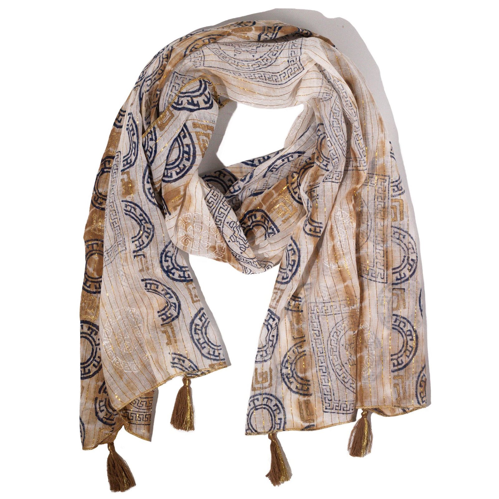 bG9jYWw6Ly9tZWRpYS85Ti9DRS82MFIzMEMxSjYwV0tDRTlOLzIzYmU5ZWI2LmpwZWc.jpg Nomad Sari Coffee & Gold Summer Marbella Print Scarf (180 x 50cm) - Image 1