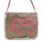 Ancient Wisdom Elephant Embroidery Soft Jute Fab Fringe Bag