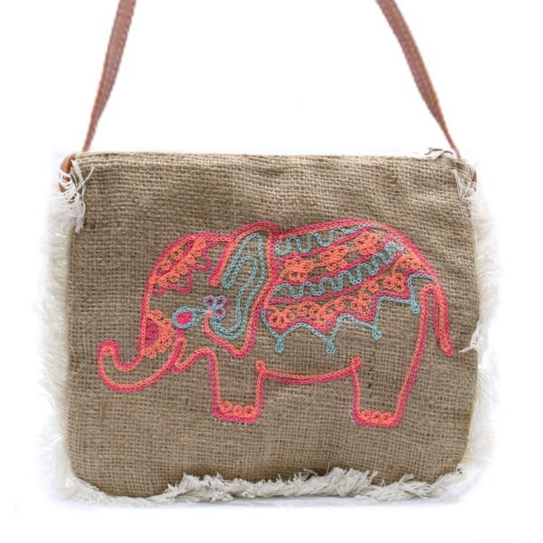 Ancient Wisdom Elephant Embroidery Soft Jute Fab Fringe Bag