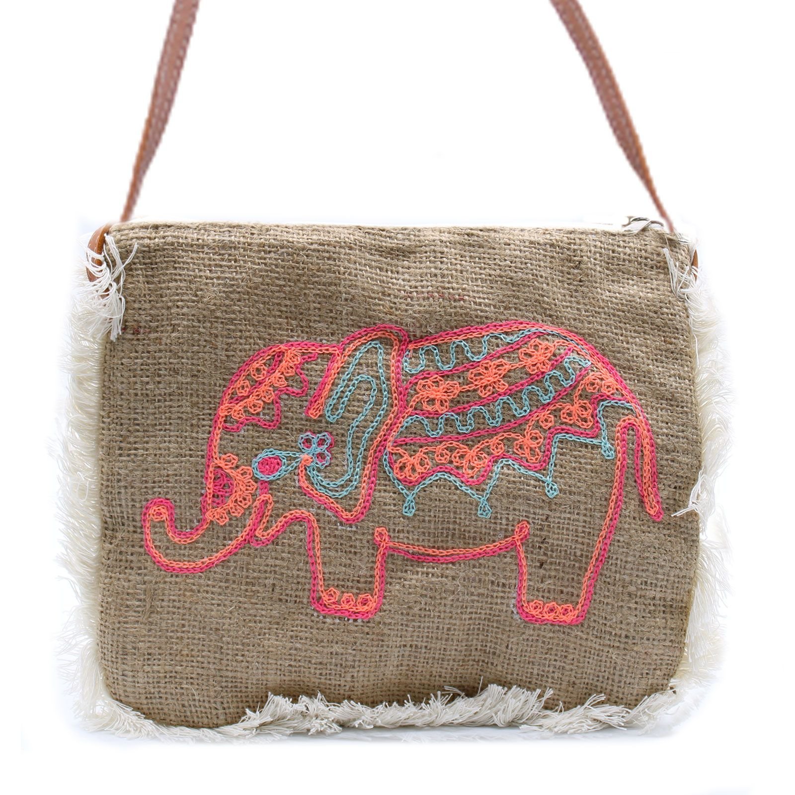 bG9jYWw6Ly9tZWRpYS85Ti9KRS82MFIzMEMxRzZNV0tKRTlOLzE0NjcwNmQ1LmpwZWc.jpg Ancient Wisdom Elephant Embroidery Soft Jute Fab Fringe Bag - Image 1