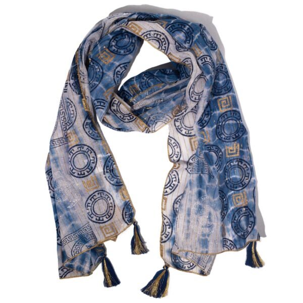 Nomad Sari Blue & Gold Summer Marbella Print Scarf (180 x 50cm)