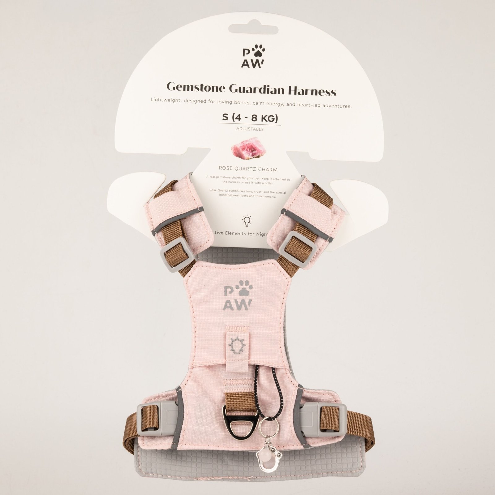 bG9jYWw6Ly9tZWRpYS85Ui80RC82MFIzMEMxSjZSVEs0RDlSLzQwMjkyODM0LmpwZw.jpg PAW Small (4-8Kg) Dog Step-in Guardian Harness with Reflective Mesh (Pink) – Rose Quartz Charm - Image 1