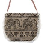 Ancient Wisdom Elephant Print Soft Jute Fab Fringe Bag