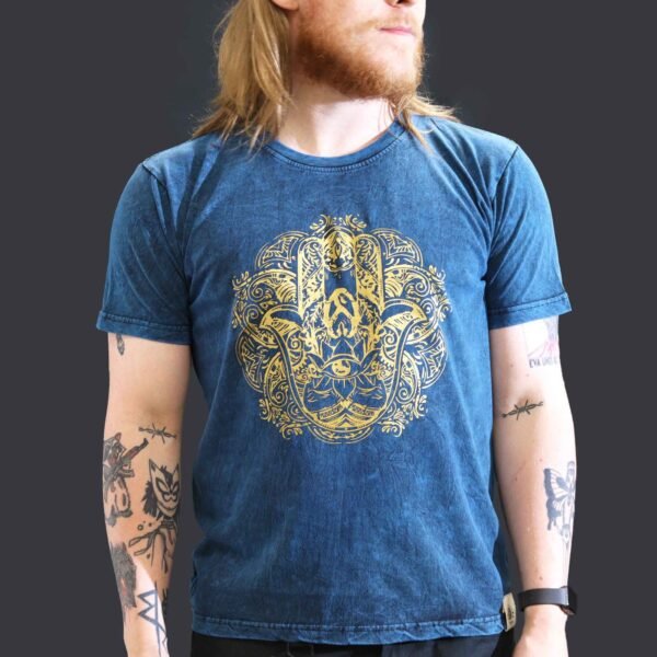 Nomad Sari Unisex Stonewashed Blue Hamsa Cotton T-Shirt (Large)