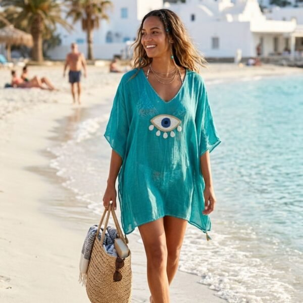 Nomad Sari On The Med Collection Turquoise with Gold & White Large Evil Eye Kaftan