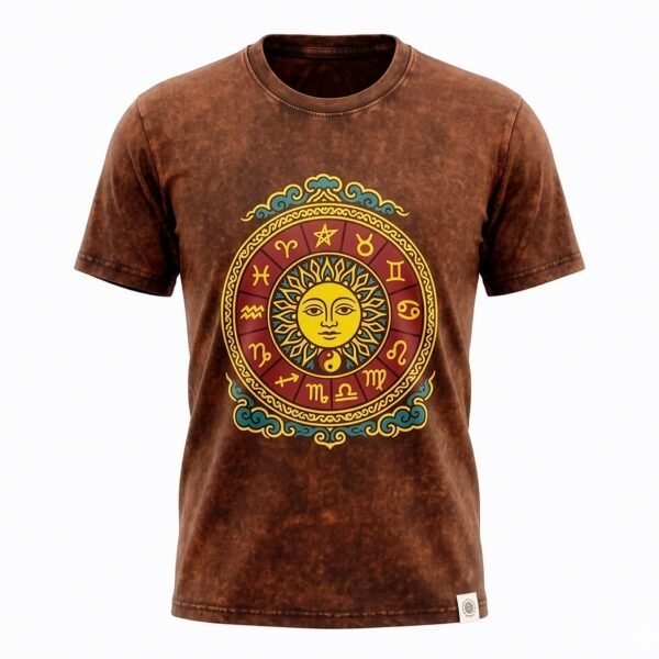 Nomad Sari Unisex Stonewashed Brown Sun & Zodiac Cotton T-Shirt (Large)