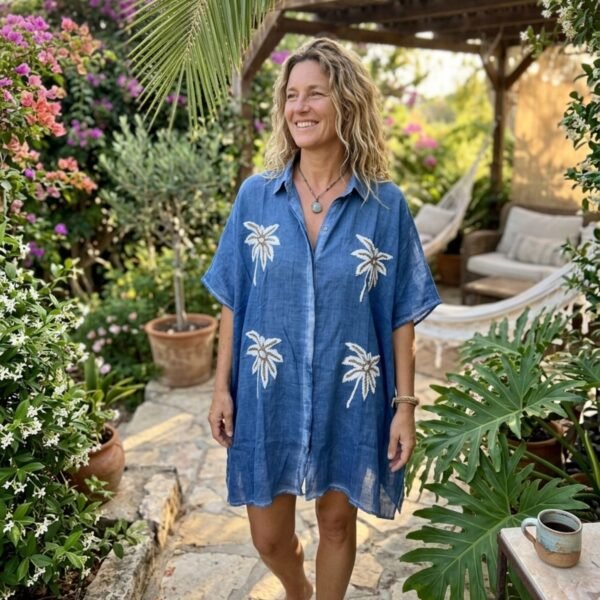 Nomad Sari On The Med Collection Blue with Gold & White Palm Tree Decor Kaftan