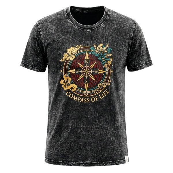 Nomad Sari Unisex Stonewashed Charcoal Compass of Life Cotton T-Shirt (Small)