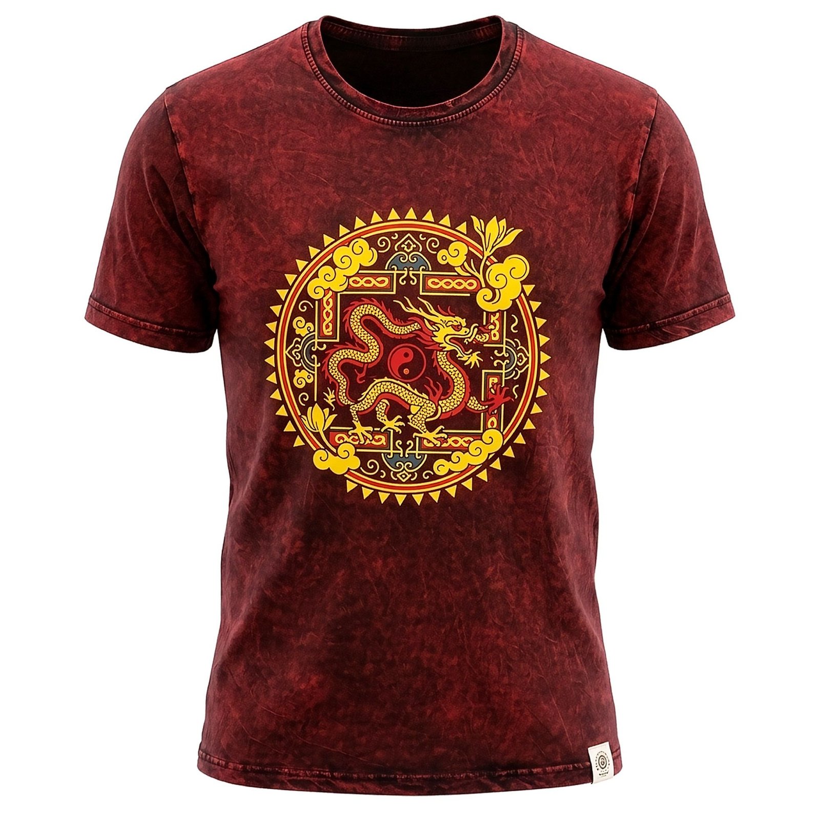 bG9jYWw6Ly9tZWRpYS8xSC82RS82MFIzMEMxSjY4V0s2RTFIL2FjYjJmZWJhLmpwZw.jpg Nomad Sari Unisex Stonewashed Maroon Dragon Mandala Cotton T-Shirt (Medium) - Image 1