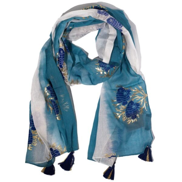 Nomad Sari Sea Blue & Gold Aqua Fish Print Scarf (180 x 50cm)