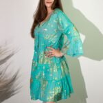 Nomad Sari Turquoise & Gold Coral Print Dress (M/L) - Image 4