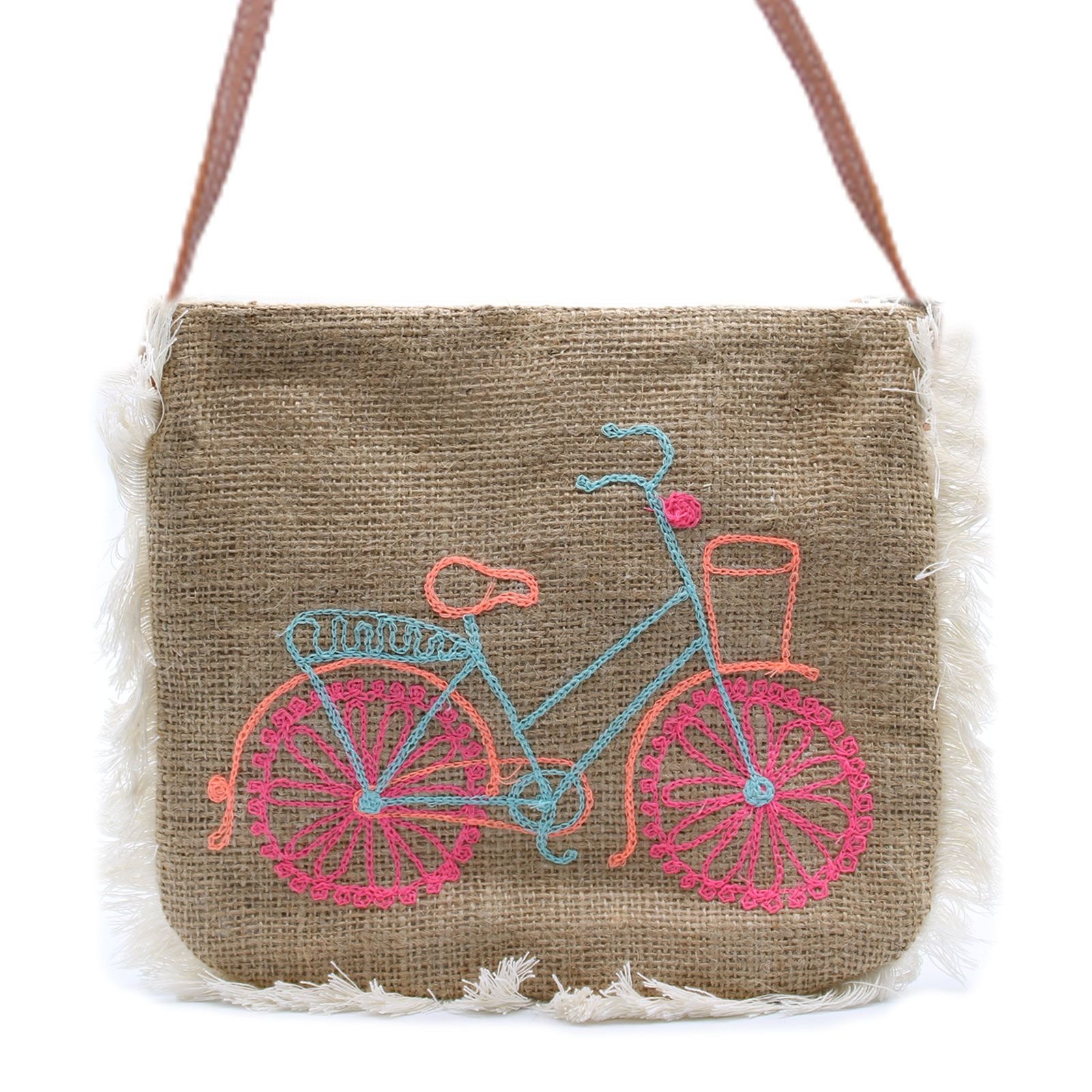 bG9jYWw6Ly9tZWRpYS8xSy8wQy82MFIzMEMxRzZSUjMwQzFLLzZkZDMyZmQxLmpwZWc.jpg Ancient Wisdom Bicycle Embroidery Soft Jute Fab Fringe Bag - Image 1