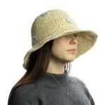 Nomad Sari Beige & Blue Flowers Design Floppy Straw Sun Hat - Image 4