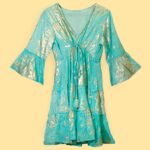 Nomad Sari Turquoise & Gold Coral Print Dress (M/L) - Image 3