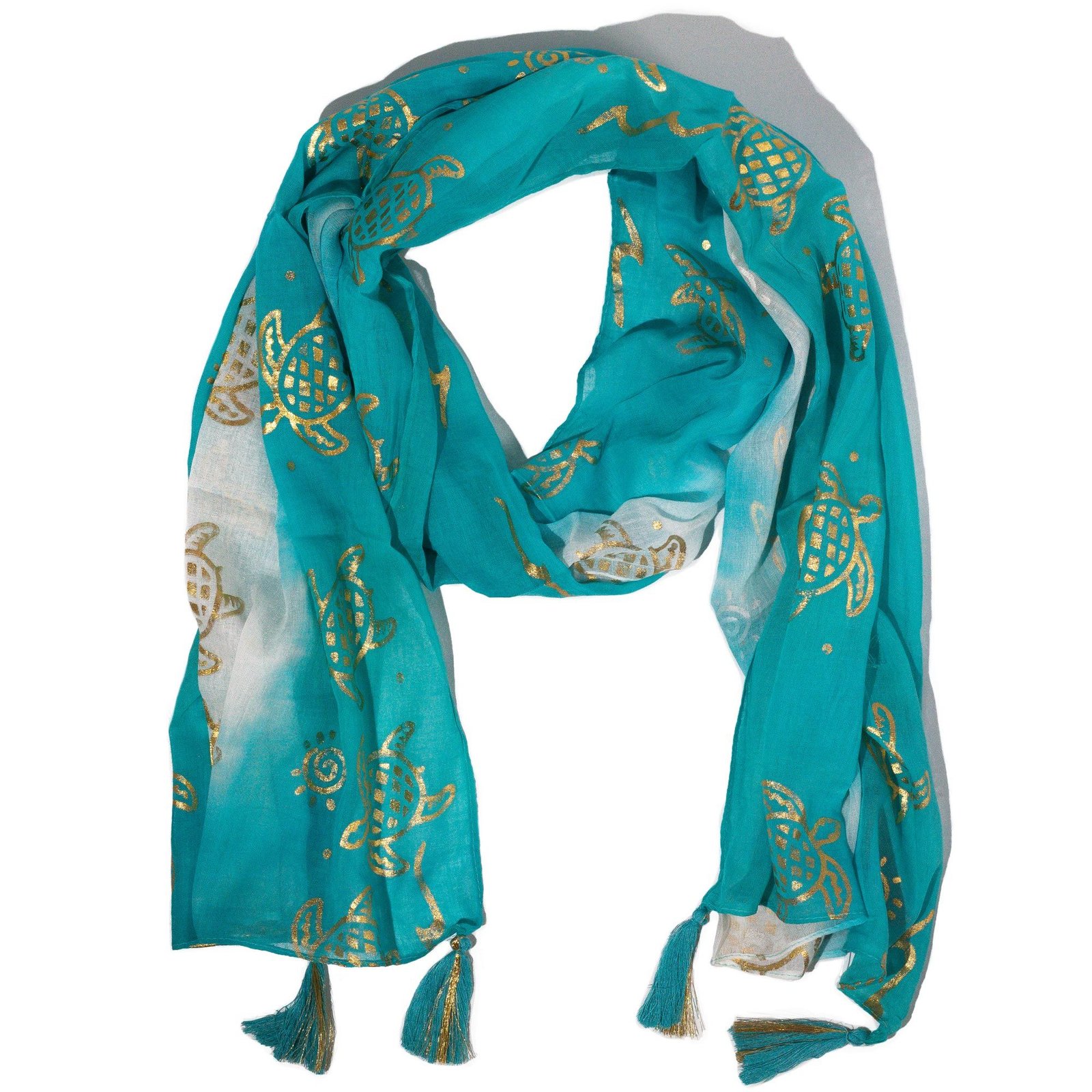 bG9jYWw6Ly9tZWRpYS8xSy9KRC82MFIzMEMxSjY4UjNKRDFLLzZhNDI3OTRlLmpwZw.jpg Nomad Sari Turquoise & Gold Summer Turtle Print Scarf (180 x 50cm) - Image 1