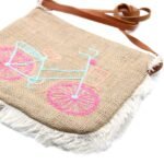 Ancient Wisdom Bicycle Embroidery Soft Jute Fab Fringe Bag - Image 3