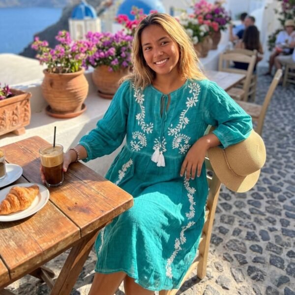Nomad Sari On The Med Collection Turquoise with Embroidery & Tassel Dress (M-L)