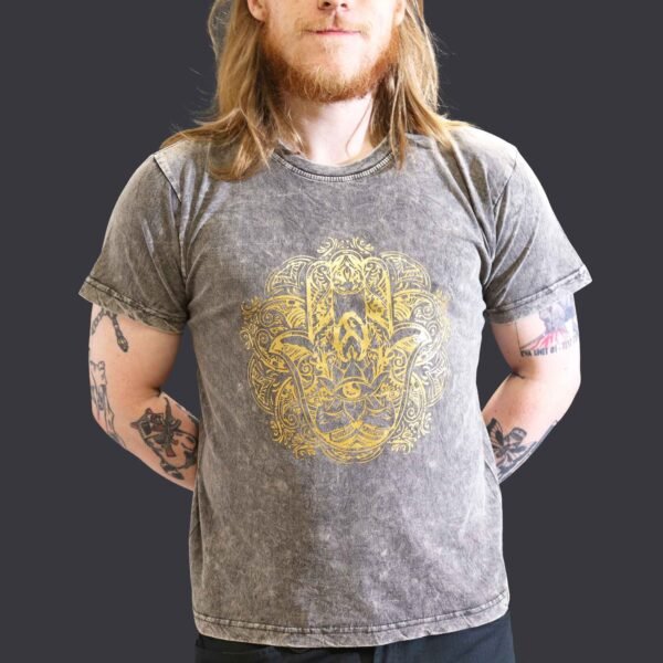 Nomad Sari Unisex Stonewashed Dark Grey Hamsa Cotton T-Shirt (Large)