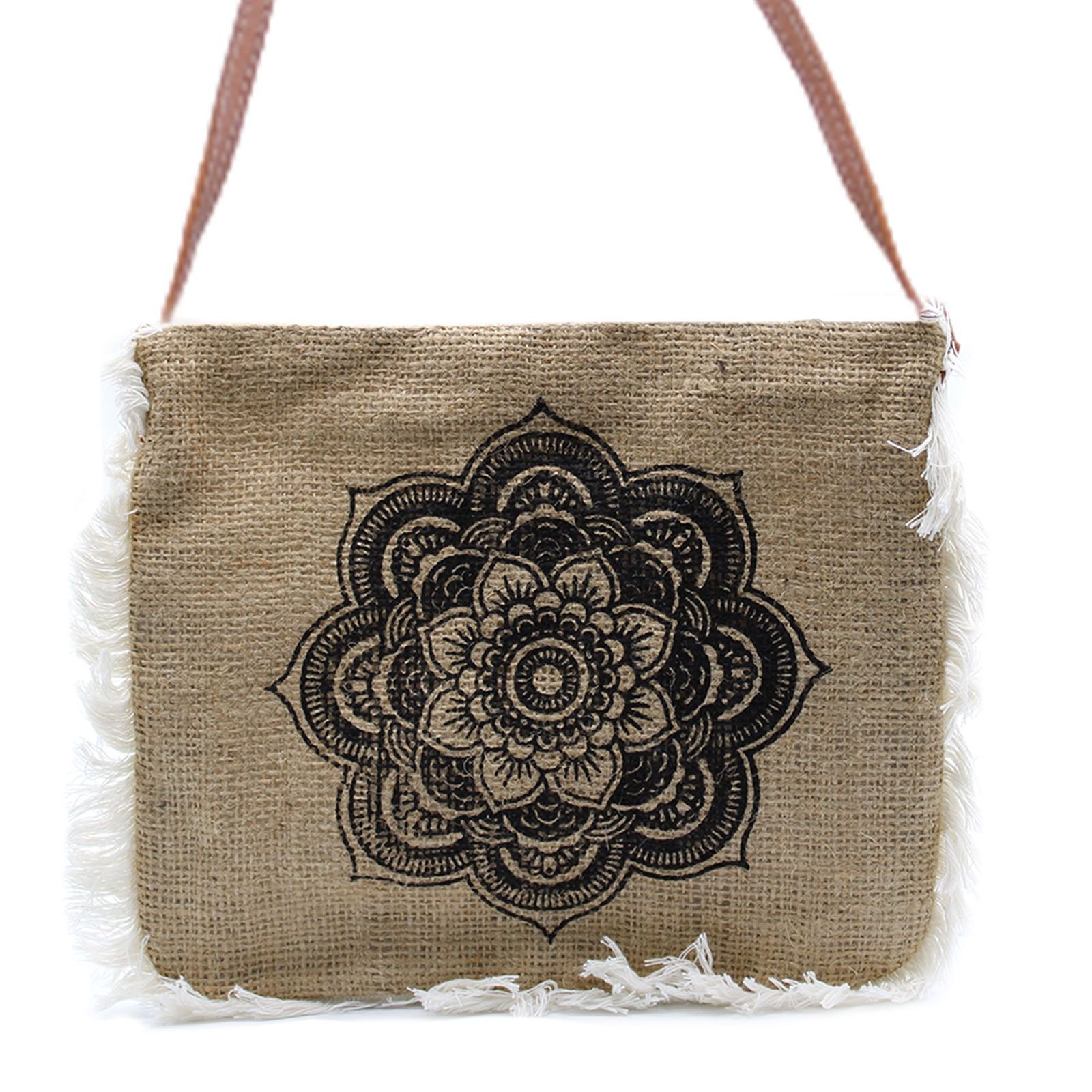 bG9jYWw6Ly9tZWRpYS8xUS8wQy82MFIzMEMxRzZSUjMwQzFRL2ZjOGQ1NWJjLmpwZWc.jpg Ancient Wisdom Mandela Print Soft Jute Fab Fringe Bag - Image 1
