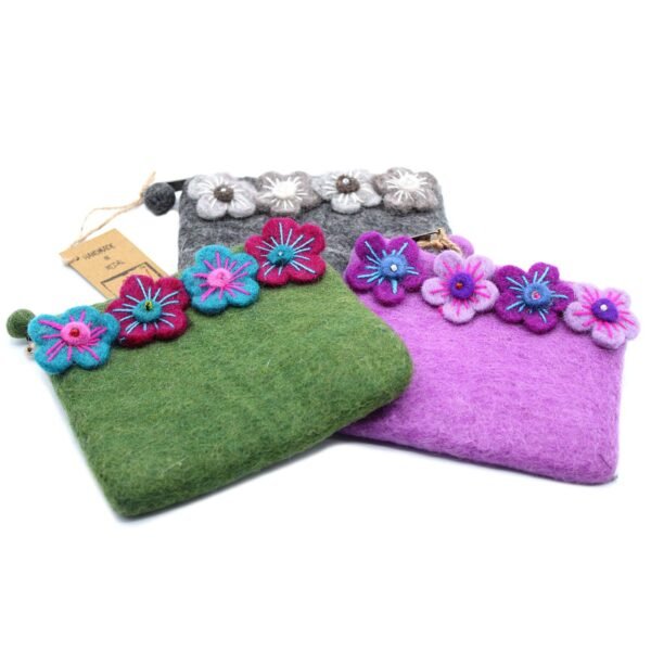 Ancient Wisdom Set of 3 Natural Felt Zipper Pouches – Four Flowers