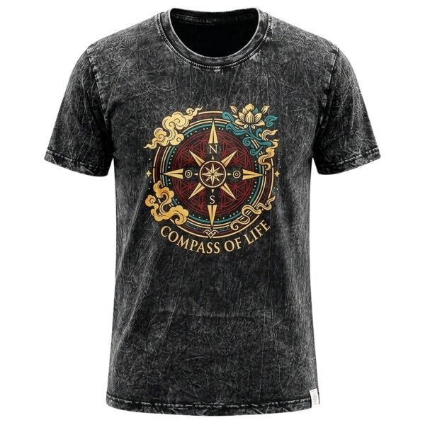 Nomad Sari Unisex Stonewashed Charcoal Compass of Life Cotton T-Shirt (XL)