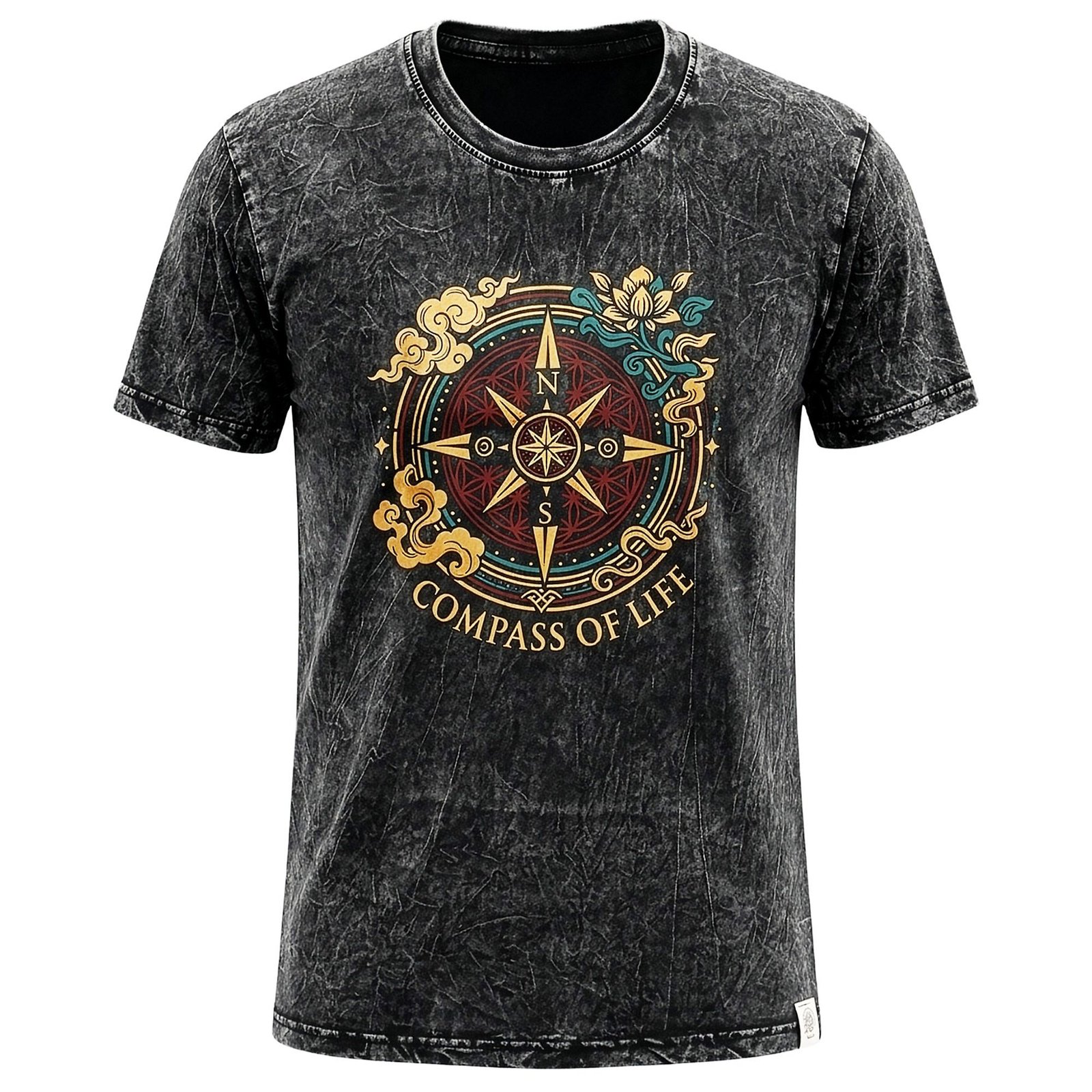 bG9jYWw6Ly9tZWRpYS8xUi80RS82MFIzMEMxSjY4V0s0RTFSL2Y5ZWEwNWFkLmpwZw.jpg Nomad Sari Unisex Stonewashed Charcoal Compass of Life Cotton T-Shirt (XL) - Image 1